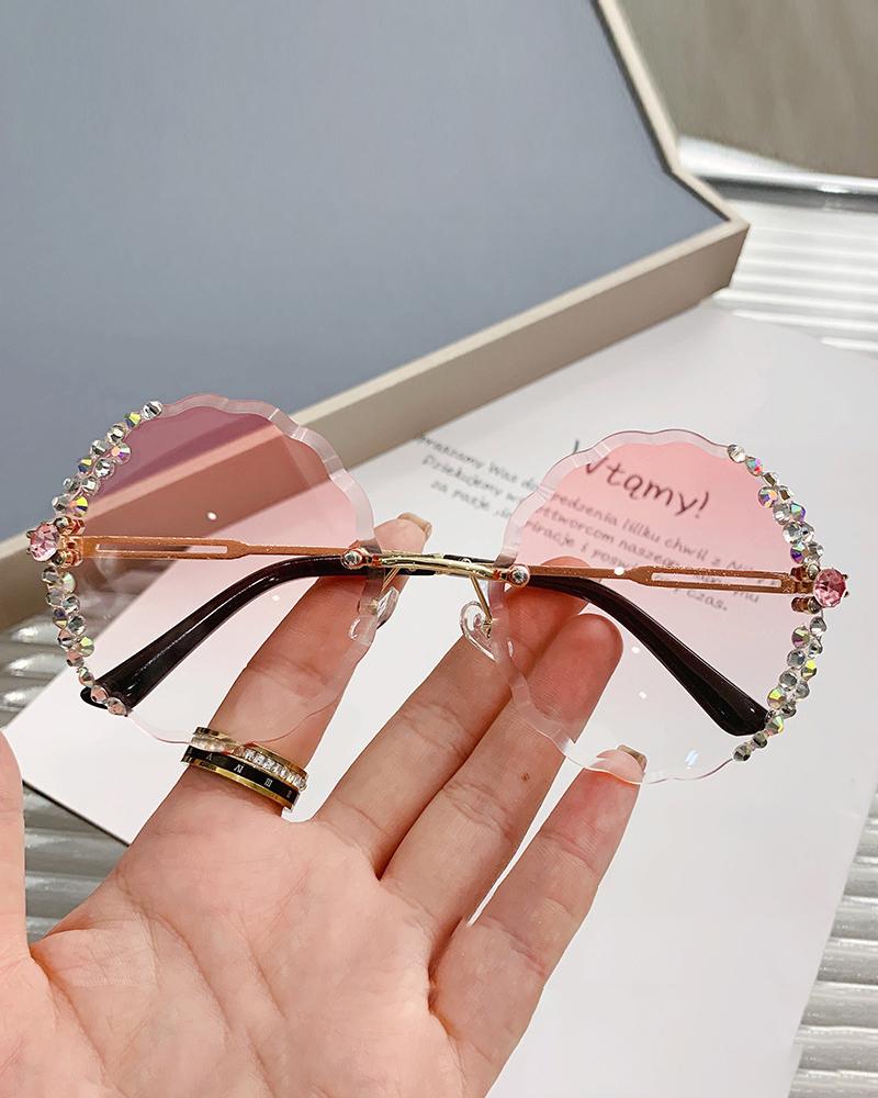 

1 paire de lunettes de soleil mode sans monture en strass avec lentille ombrée, Pink