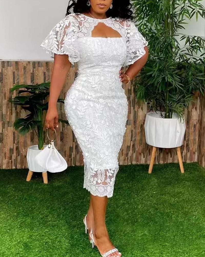 

Bell Sleeve Cutout Embroidery Lace Dress, White