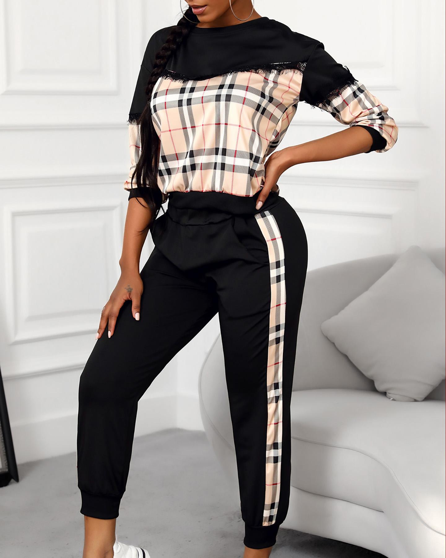 Plaid Fringe Hem Long Sleeve Top & Pocket Pants Set