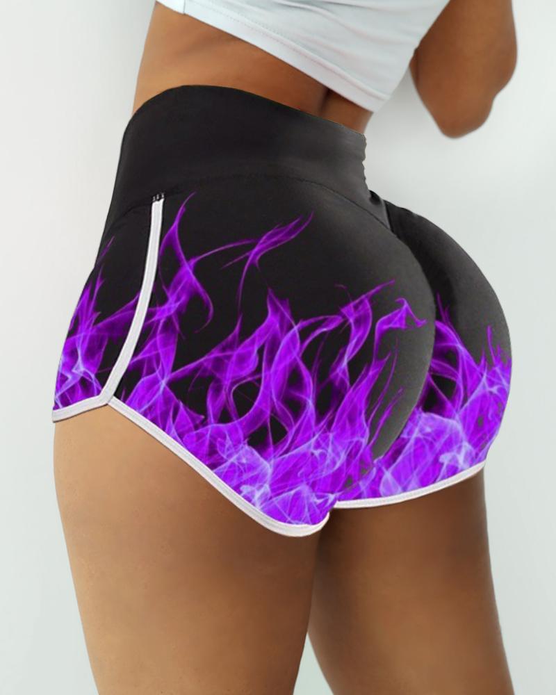 

Flame Print Contrast Binding Yoga Shorts, Purple