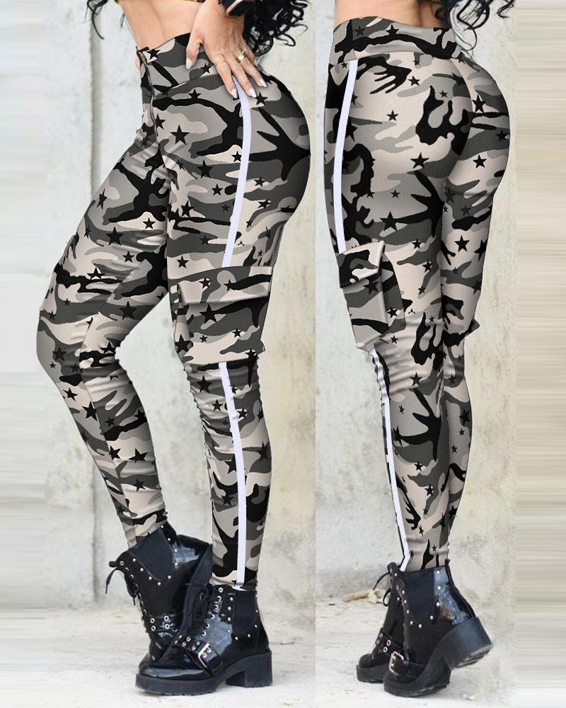 

Camouflage PrintPocket Design High Waist Skinny Cargo Pants, Camoflage