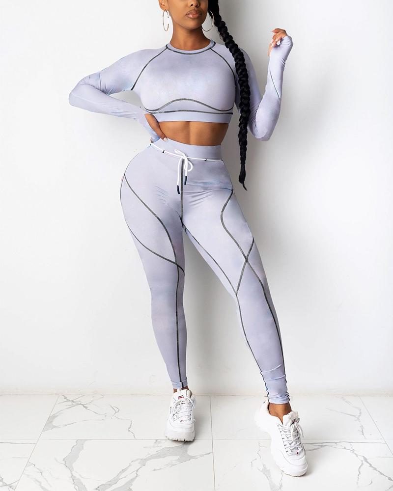 

Color Border Long Sleeve Skinny Cropped T-shirt With Skinny Pants Suit Sets, Silver