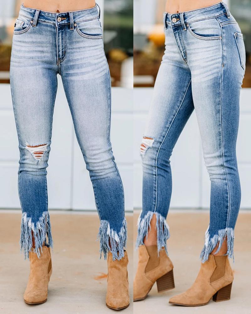 

Tassel Pocket Design Ripped Skinny Jeans, Light blue
