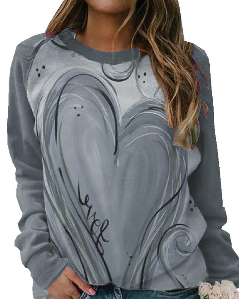 

Heart / Tie Dye Print Long Sleeve Casual Top, Gray