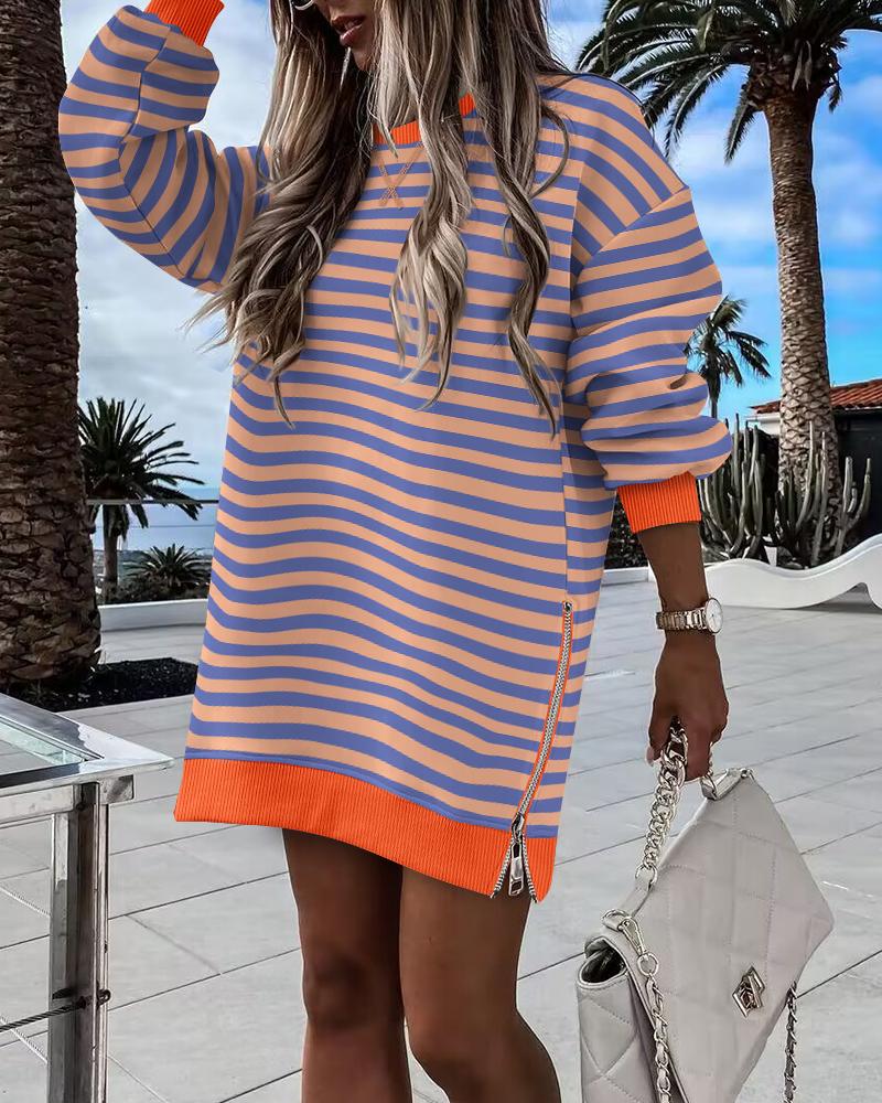 

Striped Colorblock Oversized Sweatshirt Long Sleeve Crewneck Side Zipper Design Casual Dress, Orange