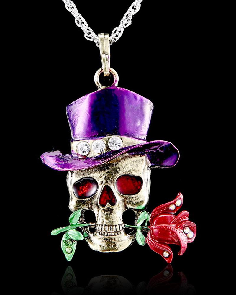 

1pc Halloween Rhinestone Decor Skull Pendant Necklace, Purple