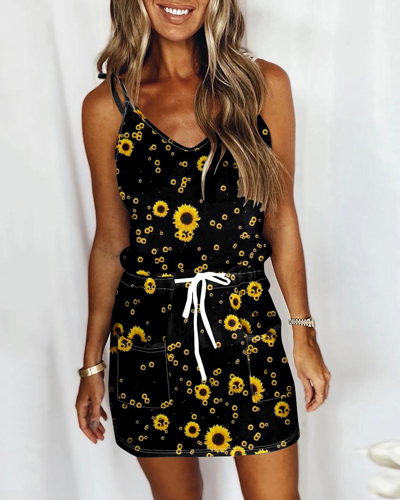 

Sunflower Print Drawstring Pocket Design Casual Dress, Black