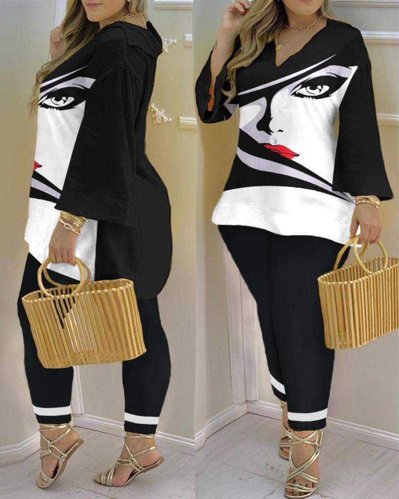 

Plus Size Abstract Figure Print Bell Sleeve Top & Pants Set, Blackwhite