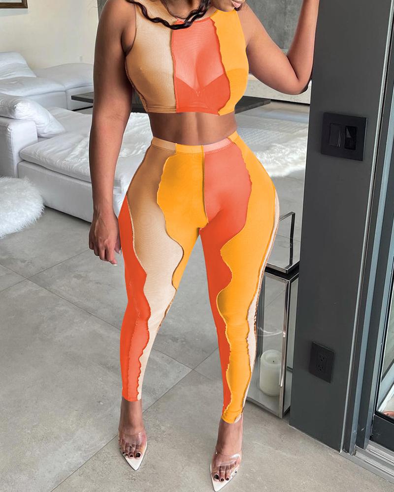 

Colorblock Sheer Mesh Crop Top & Pants Set, Yellow