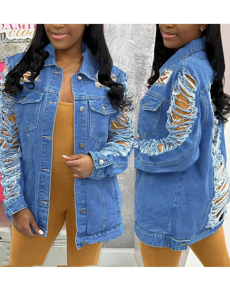 

Plus Size Long Sleeve Ripped Denim Coat, Blue