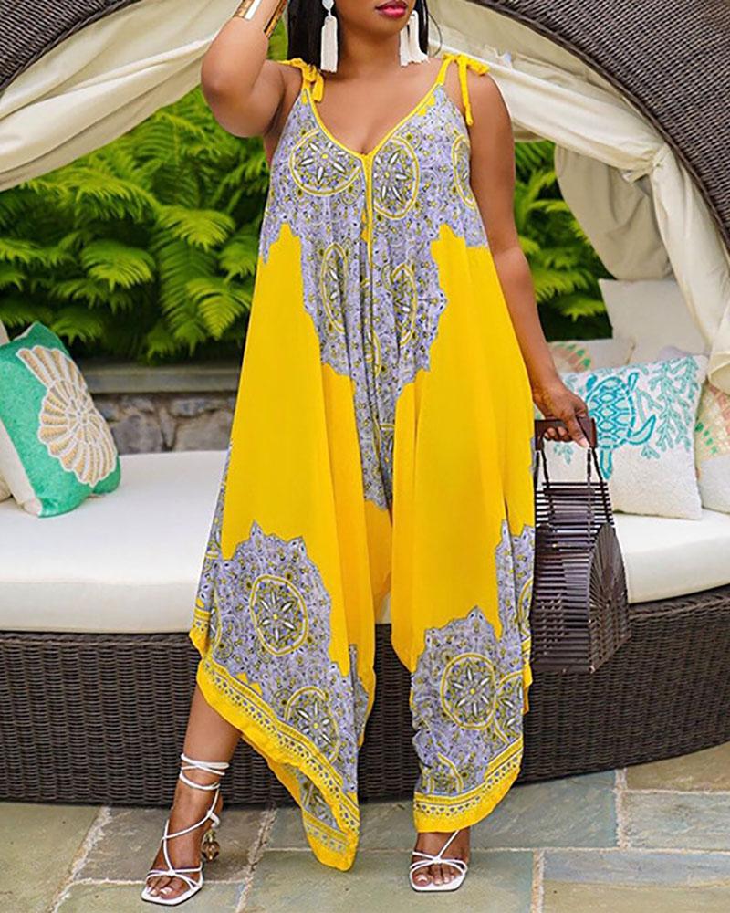 

V Neck Graphic Print Tie Detail Wide Leg Jumpsuit, Yellow