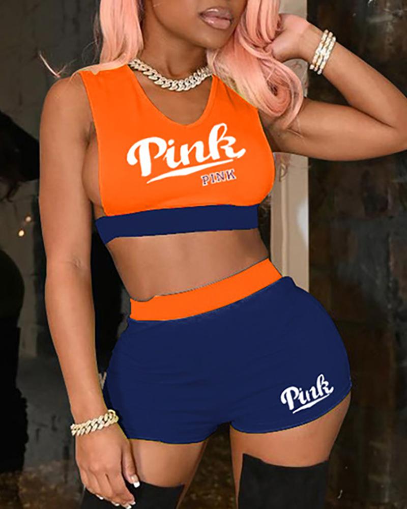 

Letter Print Colorblock Crop Top & High Waisted Shorts Set, Orange