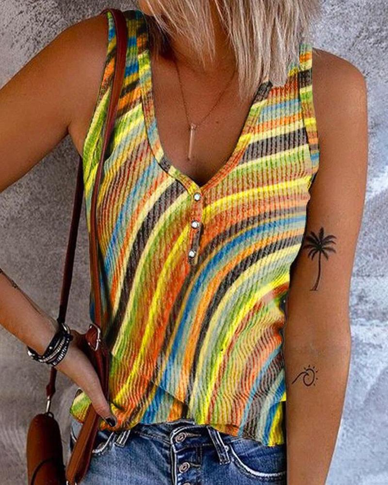 

Rainbow Stripe Print Button Front Tank Top, Yellow