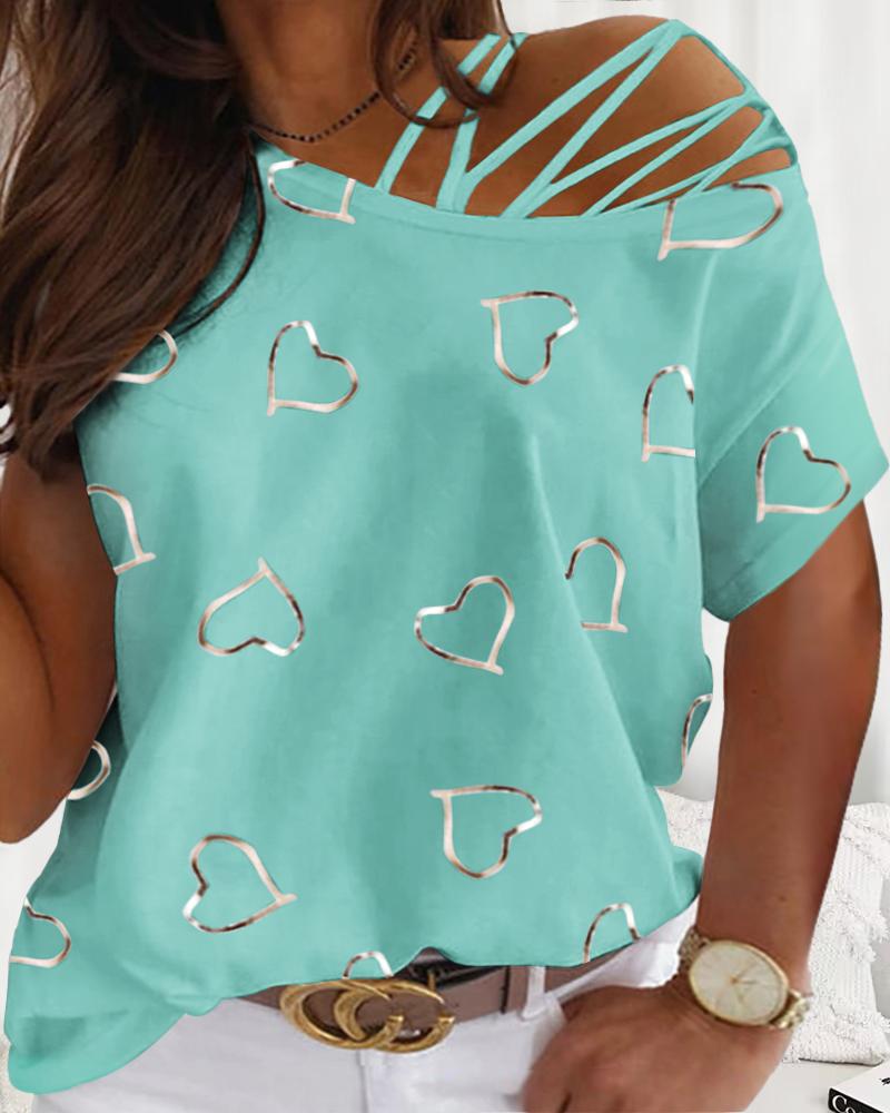 

Plus Size Heart Print Cold Shoulder Top, Light green
