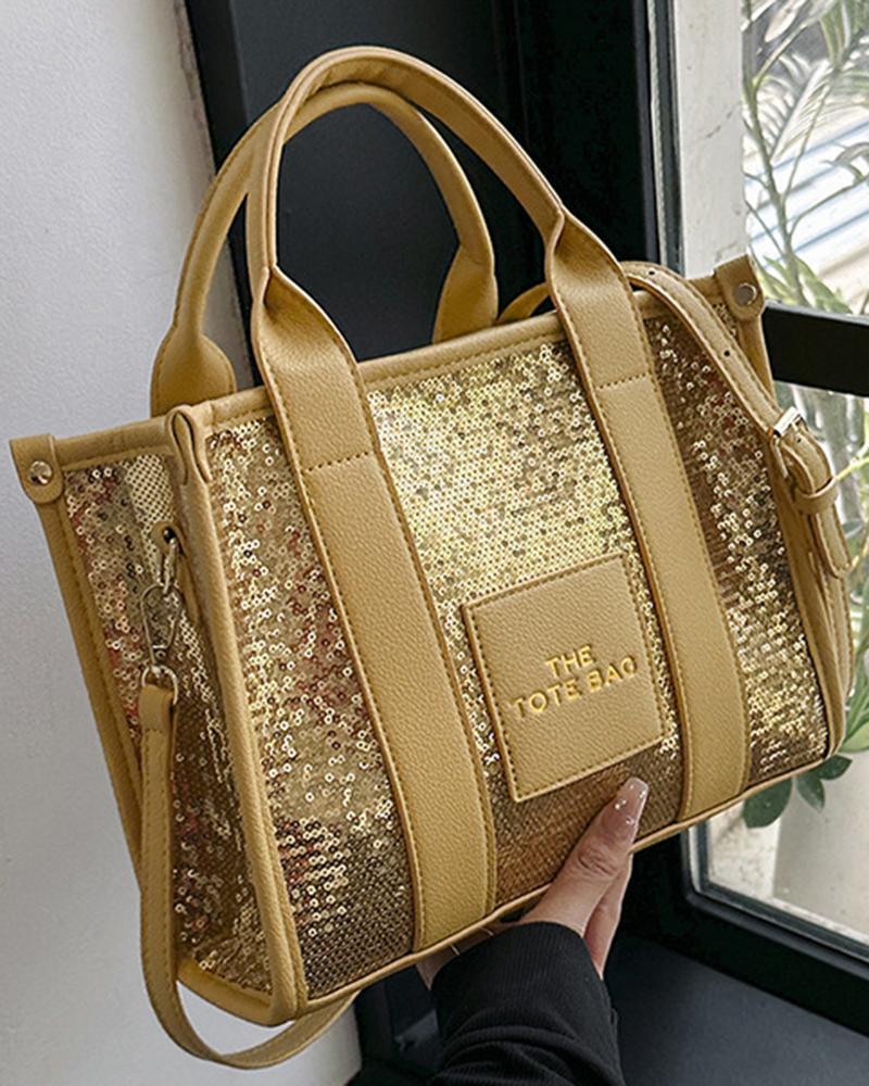 

Trendy Large Capacity Sequin Top Handle Tote Bag, Gold