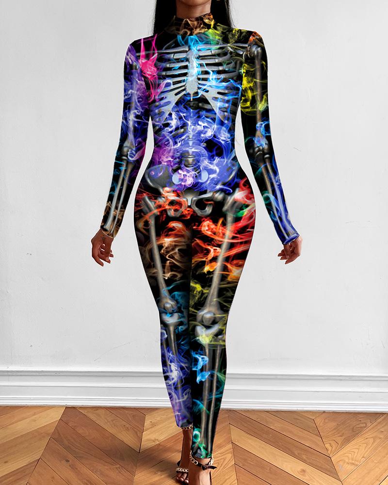 

Halloween Colorful Skeleton Print Costume Jumpsuit, Style3