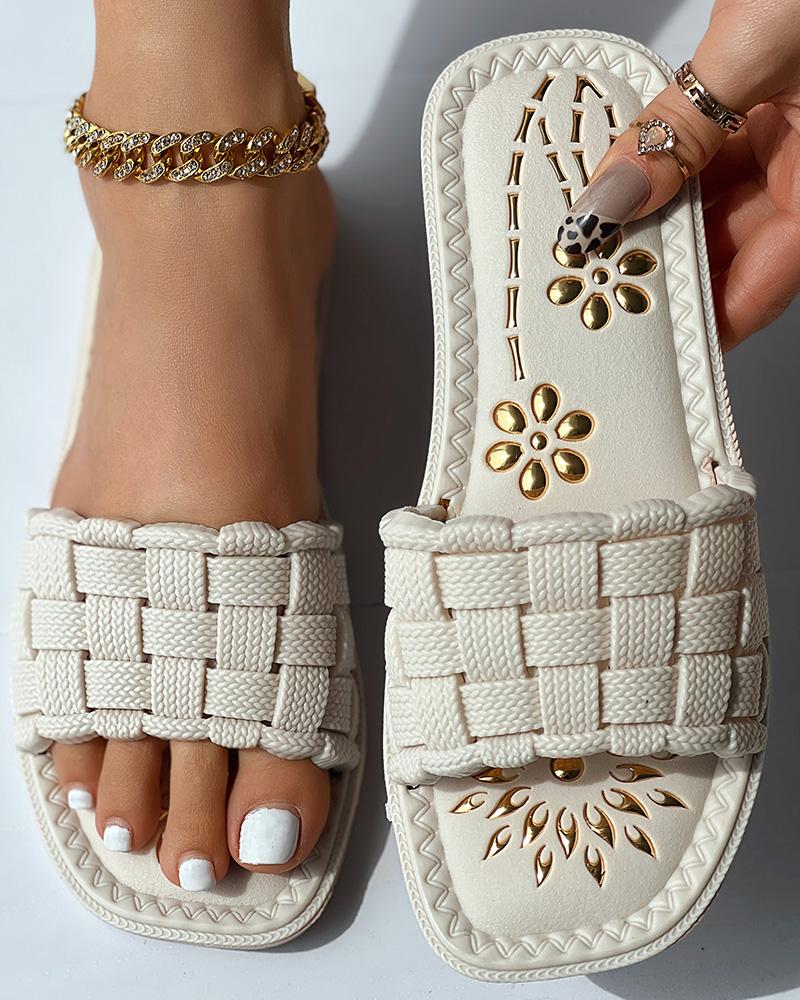

Floral Pattern Braided Wide Strap Slippers, Beige