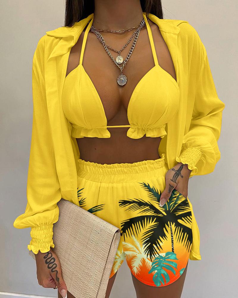 

3PCS Frill Hem Crop Top & Tropical Print Shorts Set With Lantern Sleeve Shirt, Yellow