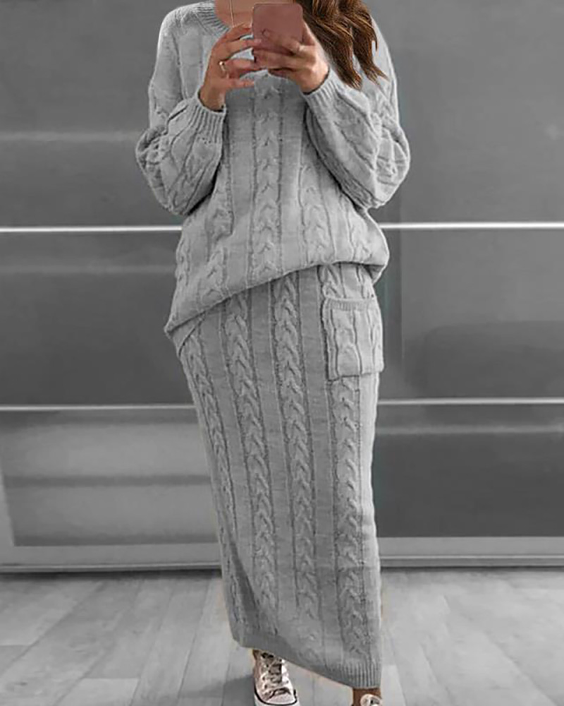 

Knit Long Sleeve Braided Sweater & Pocket Design Skirt Set, Gray