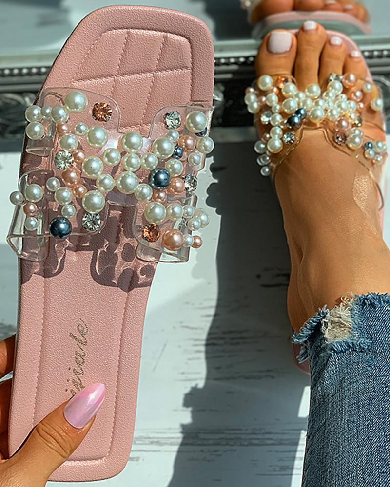 

Beaded Clear Perspex Square Toe Slide Sandals, Pink