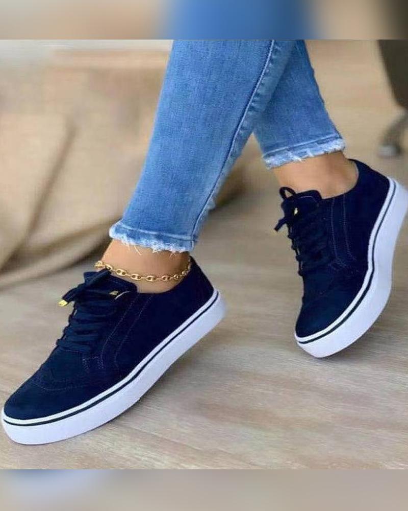 

Round-toe Solid Color Lace-up Suede Sneakers, Blue