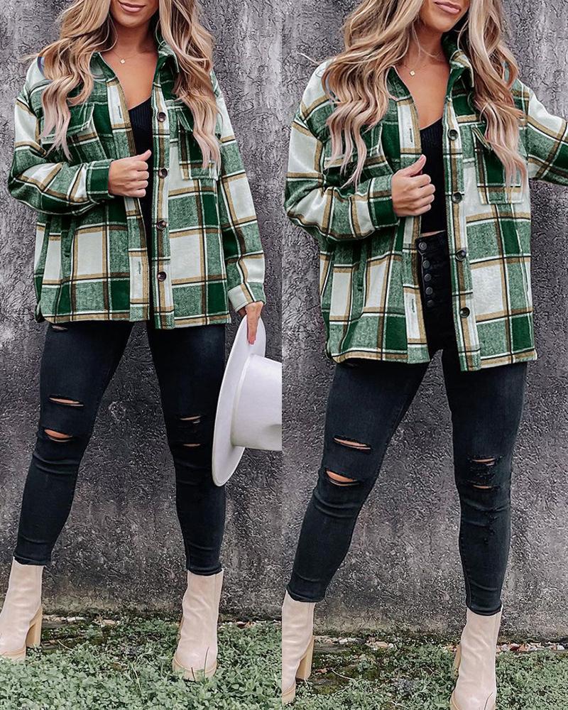 

Plaid Print Long Sleeve Button Down Shacket, Green