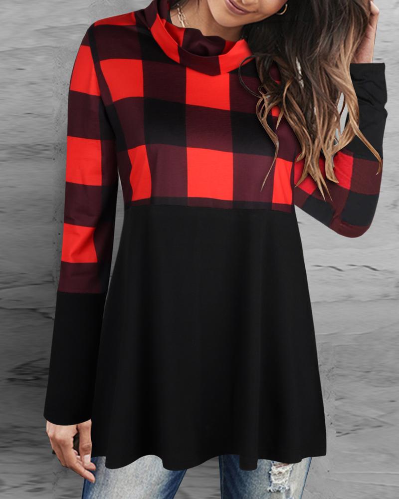 

Contrast Plaid Long Sleeve Flowy Top, Red