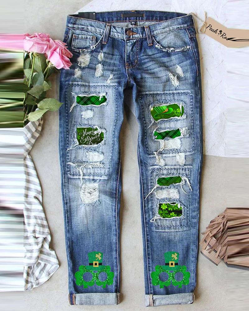 

St. Patrick's Day Clover Print Patchwork High Waist Jeans, Blue