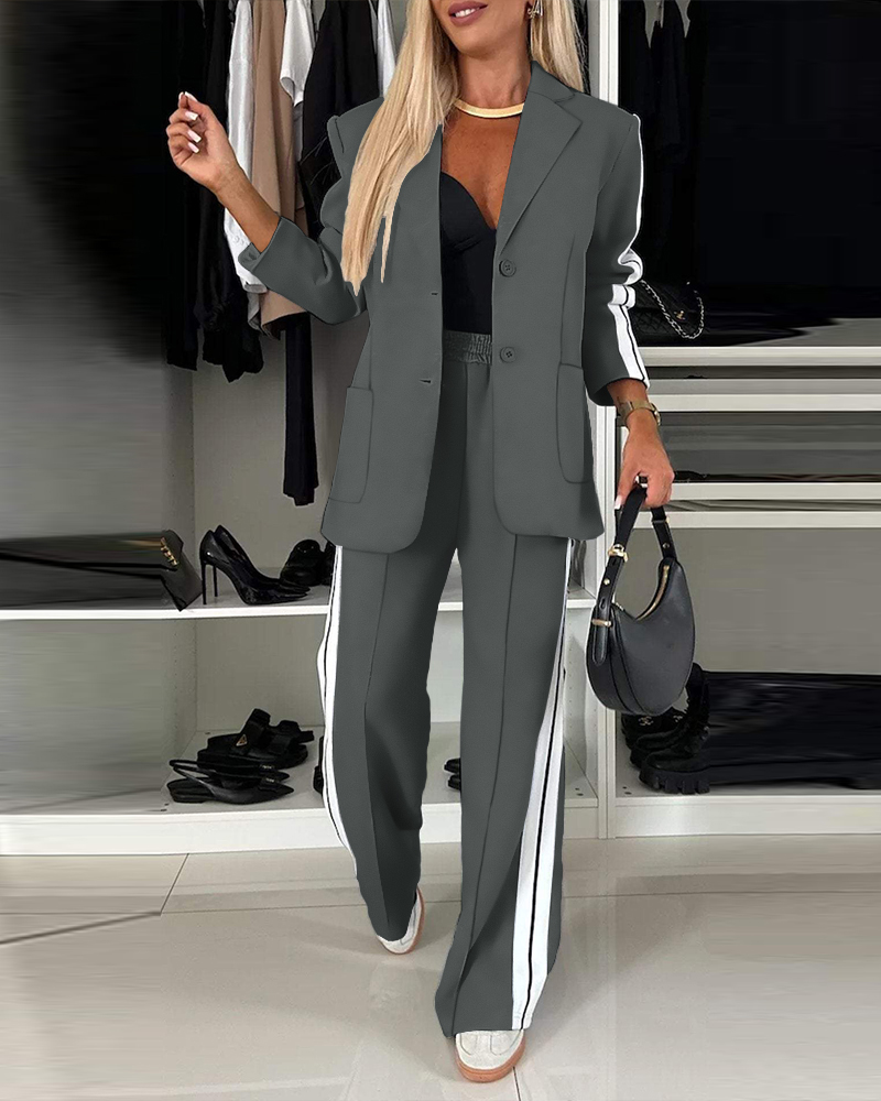 

Striped Side Sporty Tape Notched Collar Front Button Blazer Wide-Leg Pants with Pockets Pants Set, Dark grey