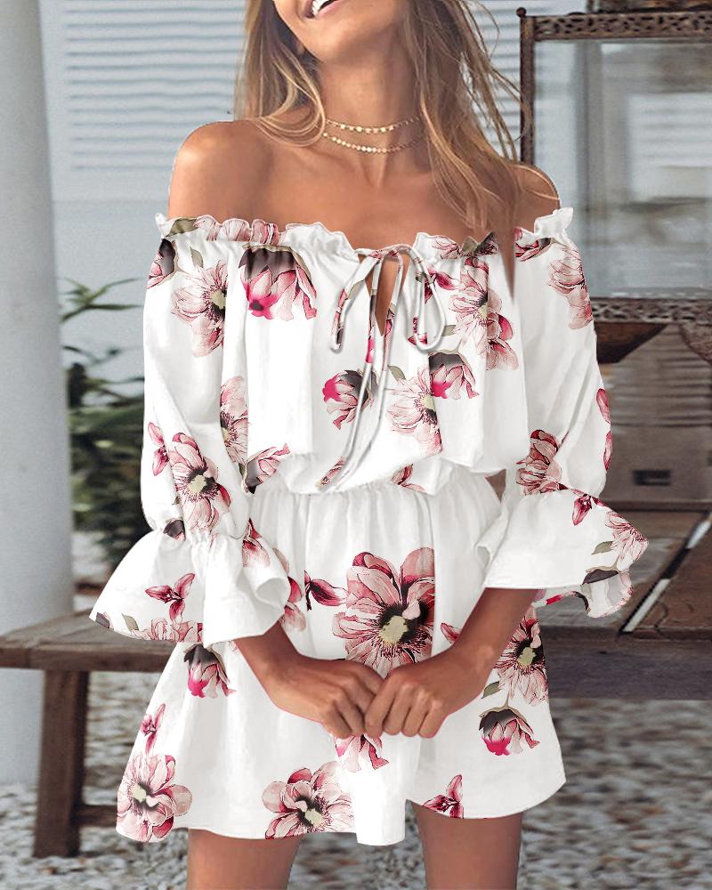 

Floral Print Off Shoulder Bell Sleeve Casual Dress, White