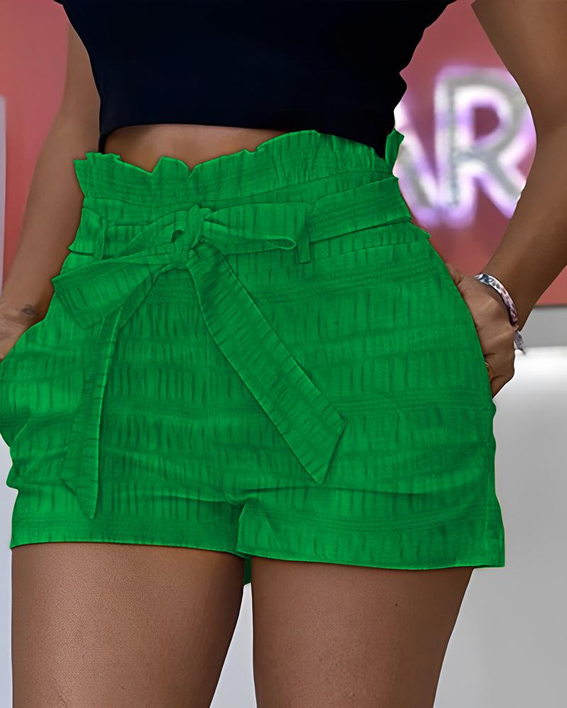 

Frill Hem Paperbag Waist Textured Shorts, Green