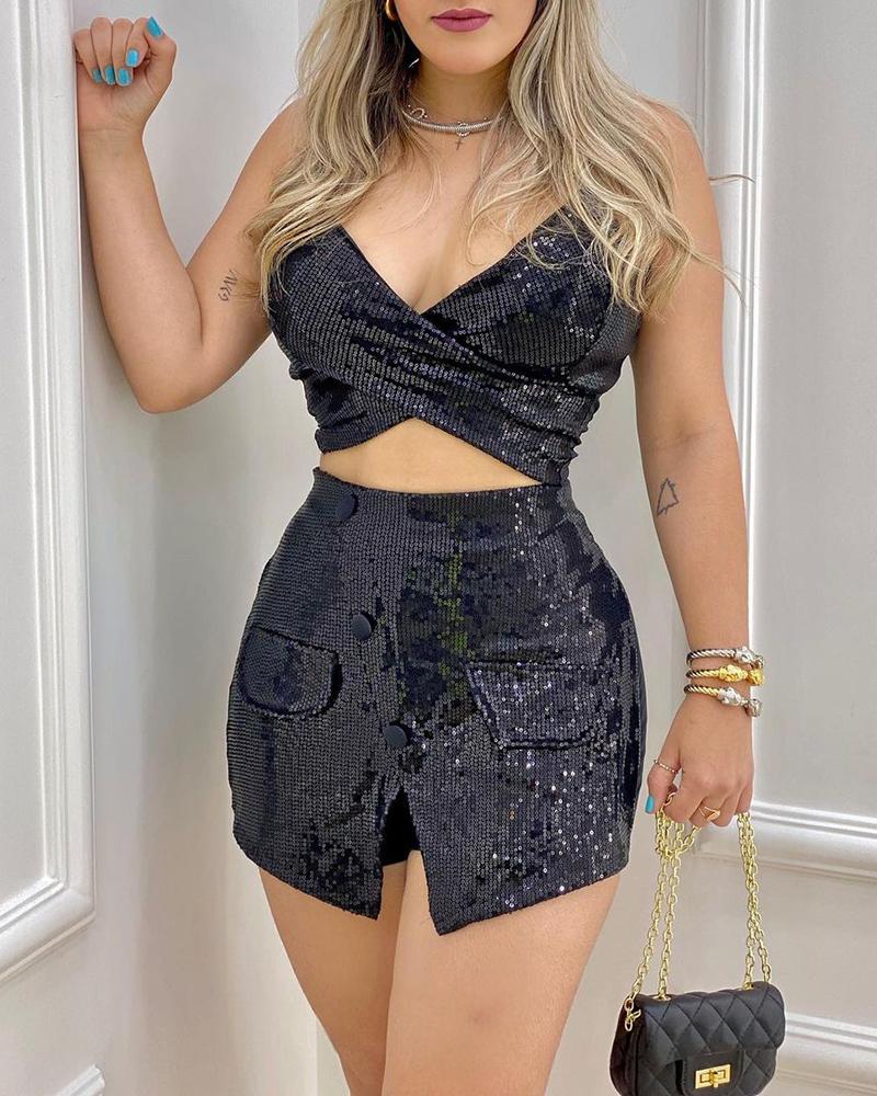 

Sleeveless Sequins Crop Top & Slit Skirt Set, Black