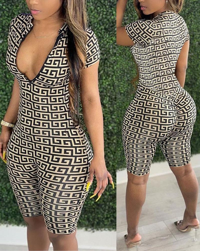 

Geometric Print Zipper Front Romper, Brown