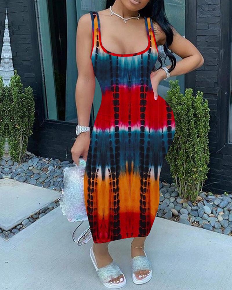 

Tie Dye Print Thick Strap U-Neck Maxi Dress, Orange