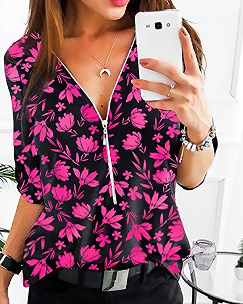 

Floral Print Zipper Front Chiffon Top, Hot pink