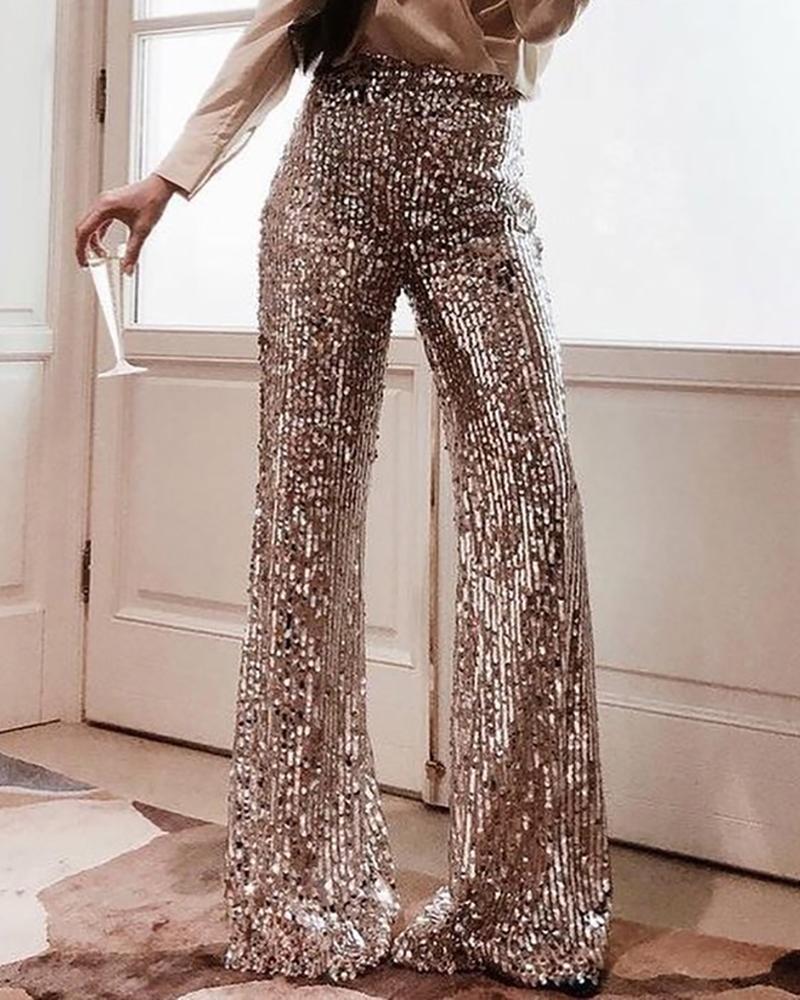 

Glitter High Waist Bell-bottomed Sequins Pants, Silver