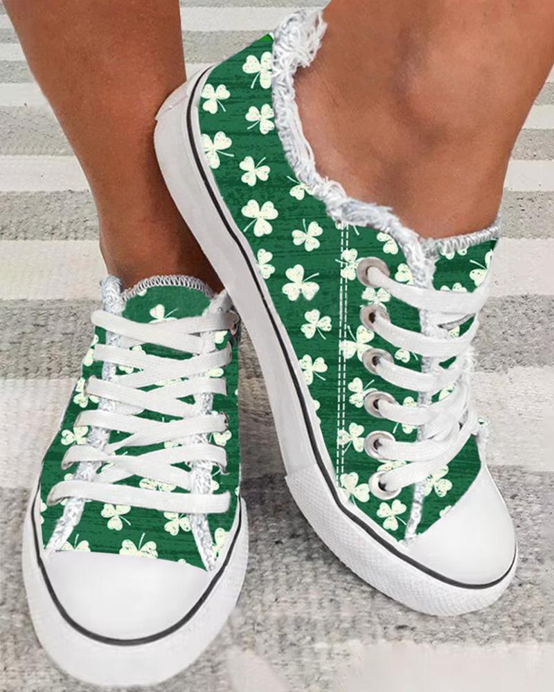 

St. Patrick's Day Clover Print Ombre Fringe Hem Sneakers, Green