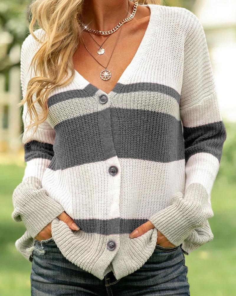 

Color Block Striped Chunky Knit Buttoned Cardigan, Gray