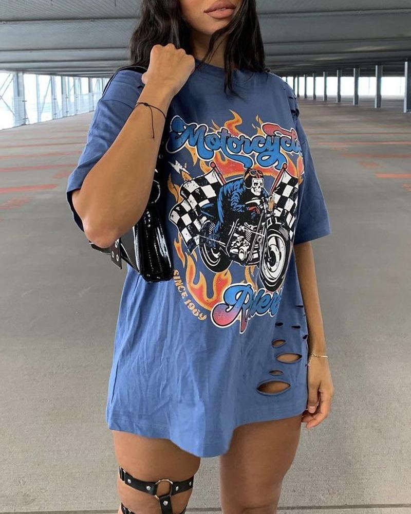 

Letter Graphic Print Cutout Casual T-Shirt, Blue