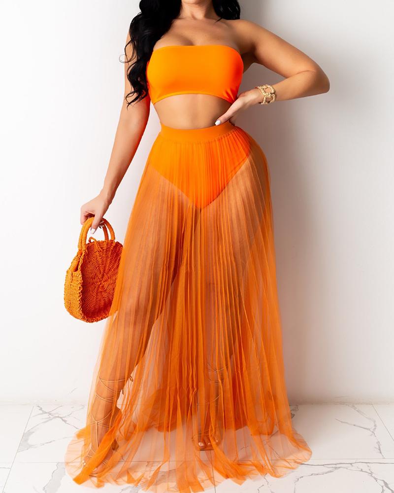 

High Waist Sheer Mesh Pleated Maxi Skirt, Orange