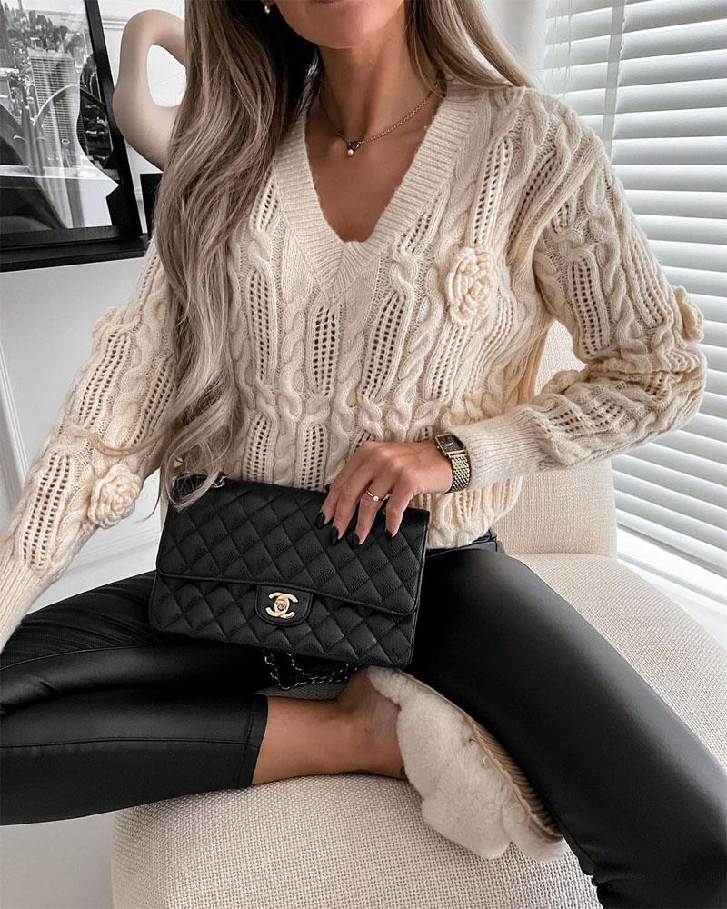 

Long Sleeve V-Neck Cable Knit Sweater, Apricot