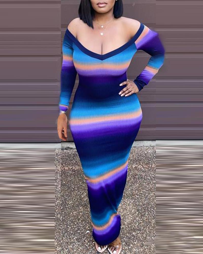 

Ribbed Long Sleeve Ombre Colorblock Maxi Dress, Blue