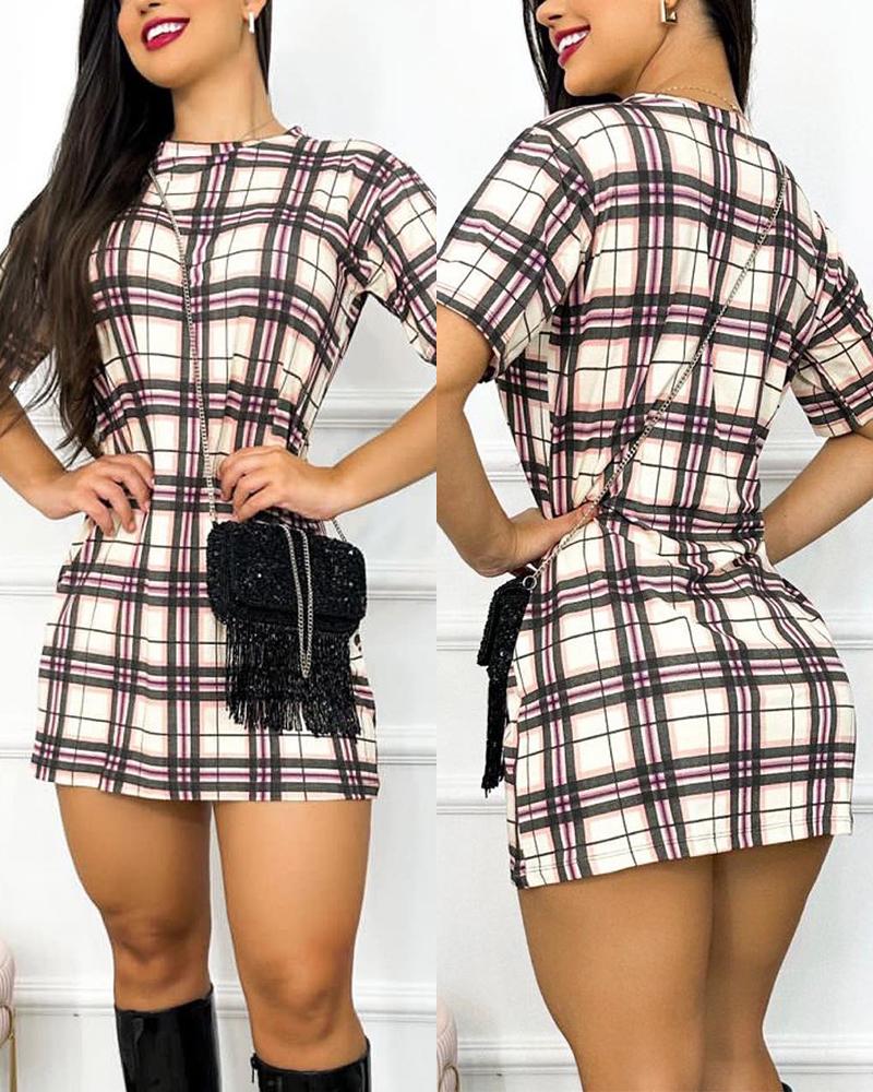 

Plaid Print Short Sleeve Mini Dress, Apricot
