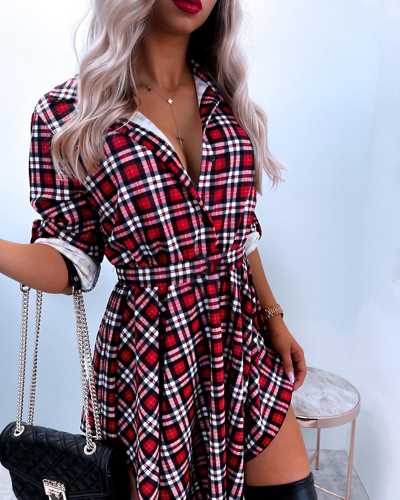 

Plaid Print Button Design Long Sleeve Shirt Dress, Red