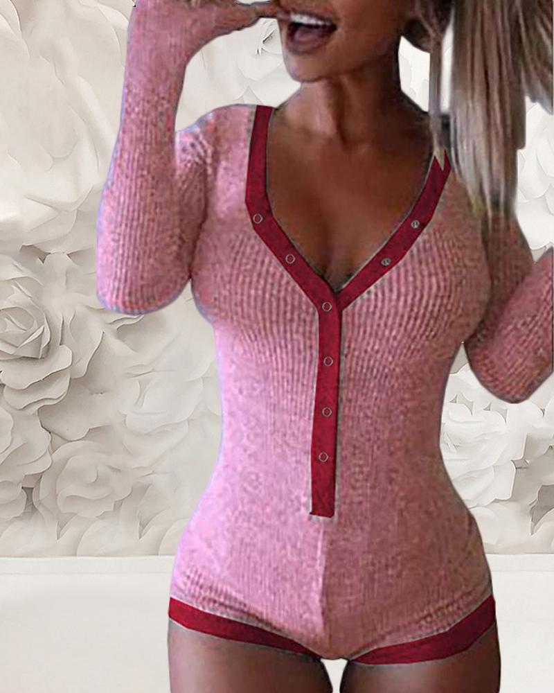 

Contrast Binding V-neck Button Design Long Sleeve Romper, Pink