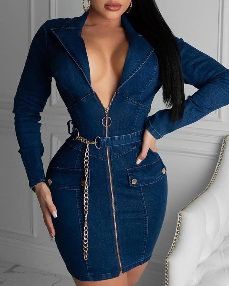 

Zipper Front Long Sleeve Denim Bodycon Dress, Blue