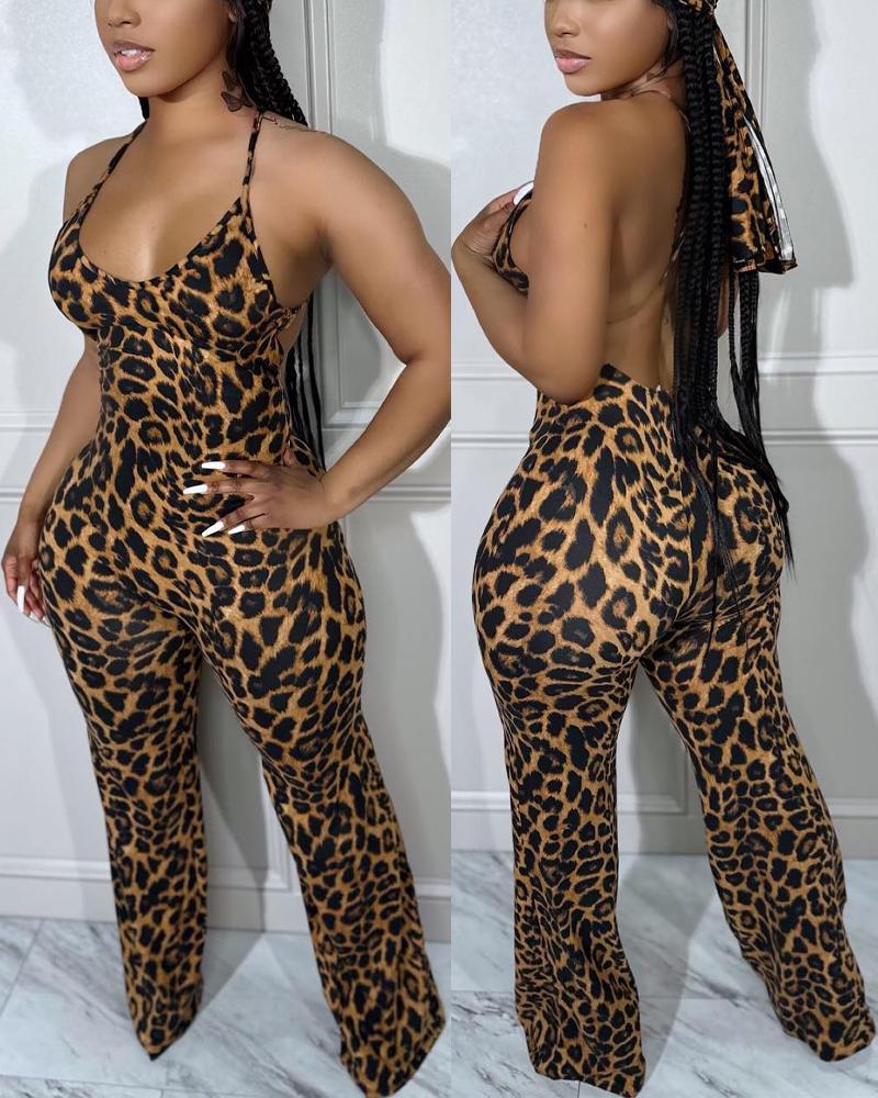 

Leopard Print Spaghetti Strap Backless Jumpsuit
