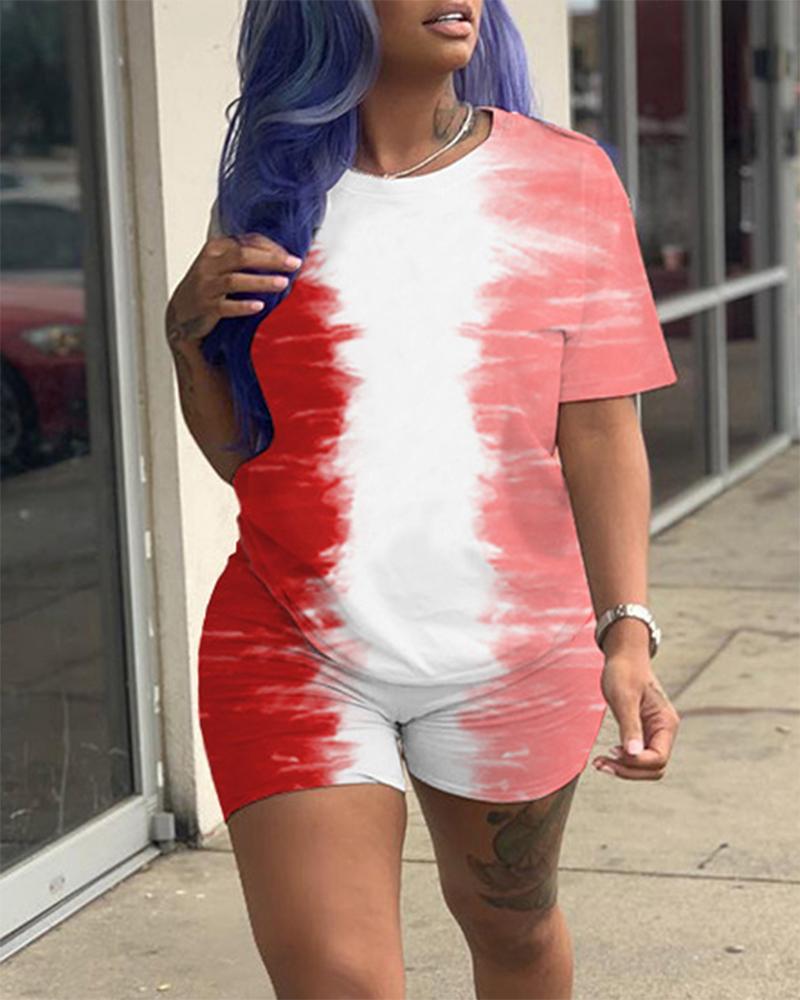 

Tie Dye Print Short Sleeve Top & High Waist Shorts Set, Red