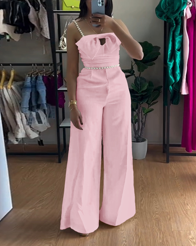 

Bandeau Beaded Spaghetti Strap Bowknot Design Ruched Slim Fit Jumpsuit Elegant Overall, Light pink