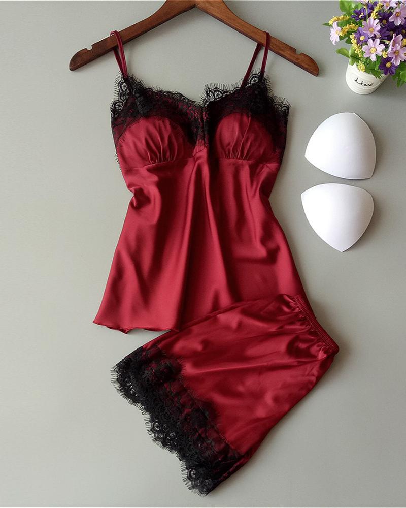 

Spaghetti Strap Eyelash Lace Insert Satin Cami Set, Wine red